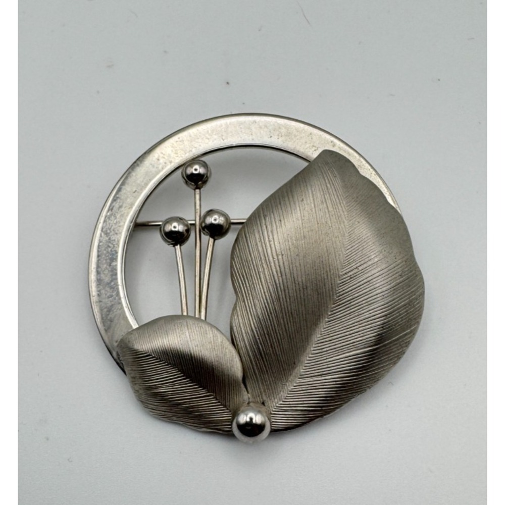 Vintage Emmons Brooch Early EMJ Silver Tone Modernist Leaf Round Pin MCM 1950s